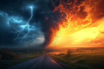 As the stormy night enveloped the landscape, a twisting tornado and crackling lightning emerged from the road, casting an ominous glow against the darkened sky