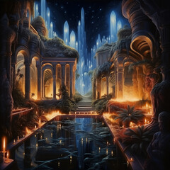 ancient secret city, night view, painting