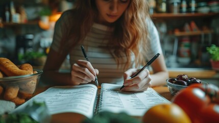 Woman making shopping list for groceries on a notebook to plan a meal for, Budget planning, Making...