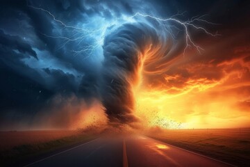 A dark and powerful tornado rages through the night sky, leaving destruction in its wake as lightning flashes and the storm roars on the open road