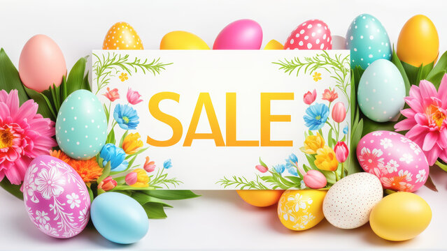 Easter Sale Banner Surrounded by Colorful Eggs and Flowers