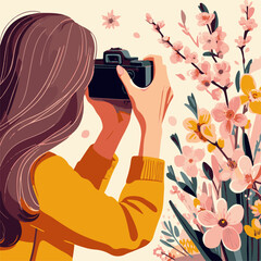Girl taking photos of spring flowers. Vector illustration in retro style.