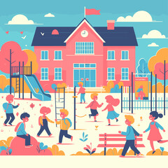 Children playing on playground. Vector illustration in flat cartoon style with children and school building.