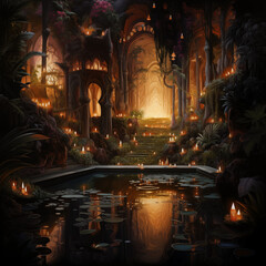 ancient secret city, night view, painting