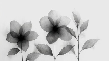  a black and white photo of a group of flowers with leaves in front of a white background with a black and white photo of a single flower in the middle.
