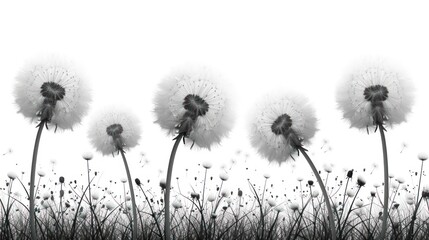  a black and white photo of a dandelion in the middle of a field of dandelions with a white sky in the background and a black and white photo of the dandelion of the dandelion.