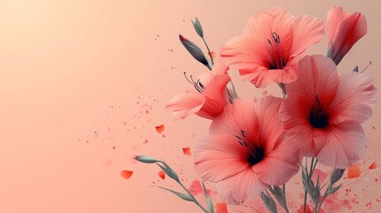  a bunch of flowers that are on a pink and orange background with a splash of paint on the bottom of the image and the bottom half of the flowers in the frame.