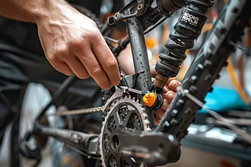 Papier Peint photo Lavable Vélo A skilled person meticulously repairs a broken bicycle wheel, surrounded by scattered auto parts and gear, determined to get the bike back on the road for their next outdoor adventure