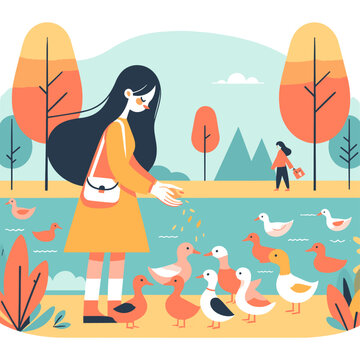 Girl feeding ducks in the park. Vector illustration in flat style.