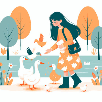 Vector illustration of a girl feeding ducks in the park. Cartoon style.