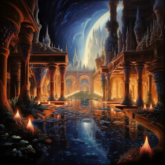 ancient secret city, night view, painting
