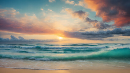 Fototapeta na wymiar Seaside Symphony A panoramic seascape of a tropical beach, capturing the symphony of colors as the sky and sea dance together in perfect harmony.