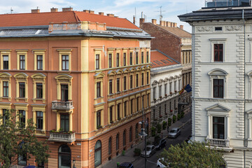 Beautiful vintage buldings decorative windows in urban Budapest - 724745170