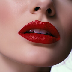 close up photograph of woman lip with classic red makeup, natural makeup, natural light