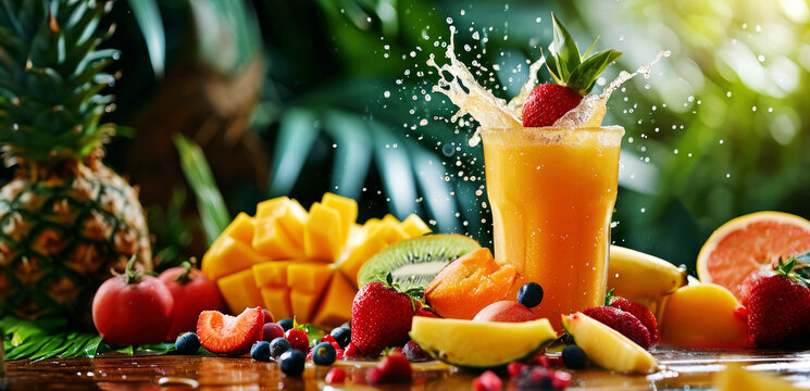 strawberry splashing into glass of juice. multifruit drink. banner with copy space