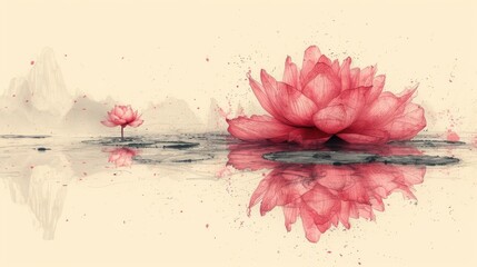  a red flower sitting on top of a body of water with a reflection of a building in the water and a reflection of a tree in the water behind it.