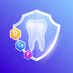 Tooth in shield glass with vitamin D minerals calcium potassium. Essential nutrients for teeth healthy prevents decay and gingivitis. Oral treatment. Health care dentist concepts. Vector.