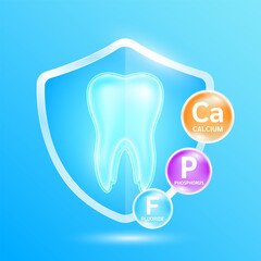 Tooth in shield glass with minerals calcium phosphorus fluoride. Essential nutrients for teeth healthy prevents decay and gingivitis. Oral treatment. Health care dentist concepts. Vector.