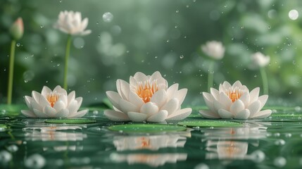  a group of white water lilies floating on top of a body of water with drops of water on the bottom of the water and green leaves on the bottom of the water.