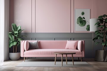 gray room with a pink sofa and no text,