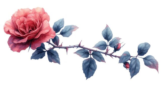  a watercolor painting of a pink rose on a twig with blue leaves on a twig, on a white background, with only one single pink rose in the foreground.