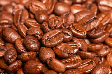 close up of roasted coffee beans, macro.