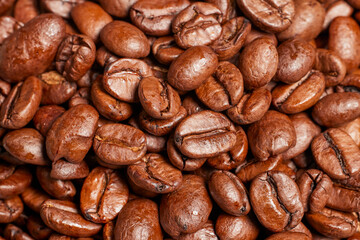 close up of roasted coffee beans, macro.