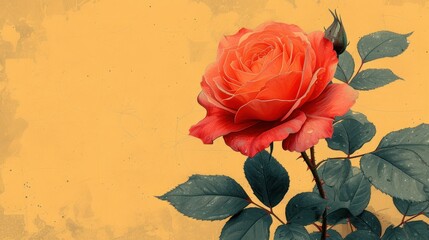  a painting of a single red rose with green leaves on a yellow background with a brown spot in the middle of the image and a green leaf on the right side of the image.