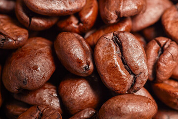 close up of roasted coffee beans, macro.