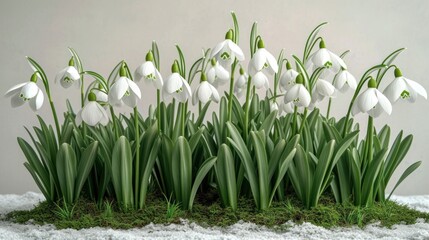 a group of white flowers sitting on top of a green patch of grass on top of a snow covered ground with snow flakes on the top of the ground.
