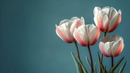  a group of pink and white tulips against a teal blue background, with a few green stems in the foreground and a blue sky in the background.
