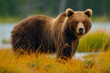 A majestic grizzly bear gracefully strides through a vast field of tall, green grass, its powerful snout pointed towards the endless sky above