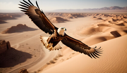 Naklejka premium Majestic Eagle Soaring Above Sand Dunes Under a Clear Desert Sky