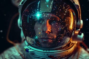 A lone astronaut in a sleek pressure suit stands in front of the vastness of space, his visor reflecting the awe and determination of his mission - obrazy, fototapety, plakaty