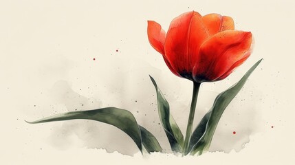  a watercolor painting of two red tulips on a white background with a splash of paint on the left side of the image and a green stem on the right side of the image.