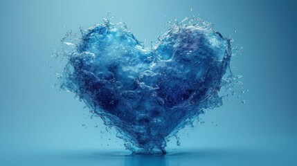  a blue heart shaped object with water splashing out of it's sides on a blue background with a reflection of the water in the middle of the heart.