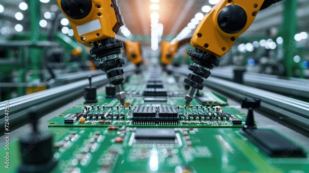 Poster Advanced High Precision Robot Arms on Fully Automated Assembly Line Inside Modern Electronics Factory, Electronic Devices Production Industry, Component Installation on Circuit Board. Generative AI.