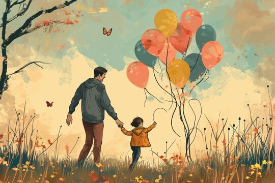 Drawn father and daughter having fun on a walk with balloons, concept of parenthood and family leisure and values, international father's day