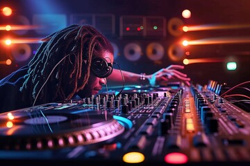 A skilled person with headphones and a mixing console passionately creates electrifying beats on...