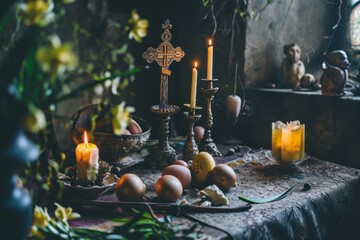 Table with Easter eggs, a cross, candlesticks with candles and flowers. Catholic Easter celebration, Easter eggs, candles and spring flowers
