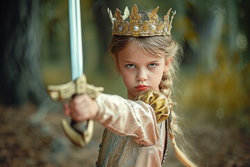 A regal young girl stands tall, adorned with a majestic crown and brandishing a sword, exuding strength and confidence in her fashionable headpiece and jewelled headdress against a beautiful outdoor 