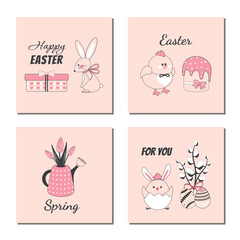 A spring set of Easter postcards with a rabbit, chickens, Easter eggs and Easter cake. Hand-drawn style, vector illustration