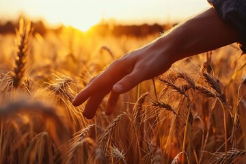 Close-up of farmer's hand touching wheat, agricultural business concept.