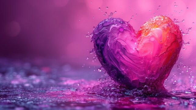  a heart shaped object floating on top of a body of water with drops of water on the top of it and on the bottom of the image is a pink and purple background.