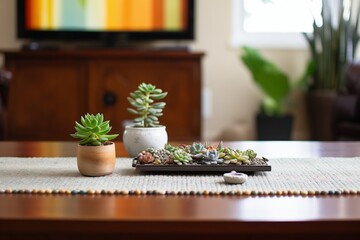 indoor succulent arrangement beside meditation mat