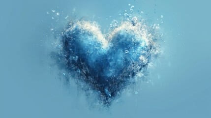  a blue heart shaped object floating in the air with water splashing out of it's sides and around it's sides, on a light blue background. - obrazy, fototapety, plakaty