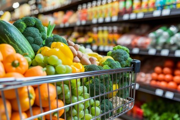 A vibrant display of fresh, locally sourced produce fills a shopping cart, inviting shoppers to...