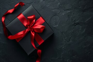 Exquisite gift wrapping in black color with red ribbon on dark background, concept for Birthday, Father's Day, Black Friday, Anniversary, Christmas Еmpty space for text.

