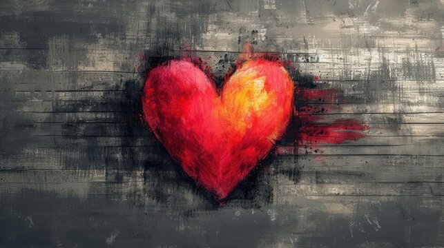  a painting of a red heart with a yellow center on a gray background with a grunge effect to the left of the heart and the right side of the image.