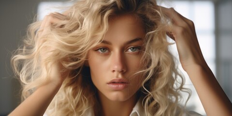 Naklejka premium A woman with blonde hair wearing a white shirt. This versatile image can be used in various contexts